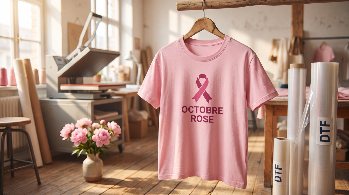 T-shirt rose Octobre Rose personnalise chez Antistatik atelier Toulouse