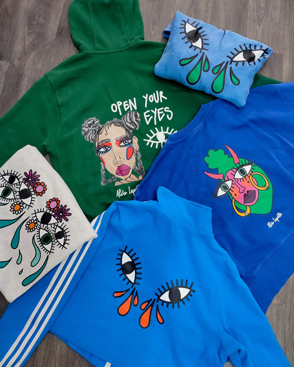 Sweats et hoodies de couleur, visages illustrés, DTF, Collection d'artiste, atelier Antistatik à Toulouse