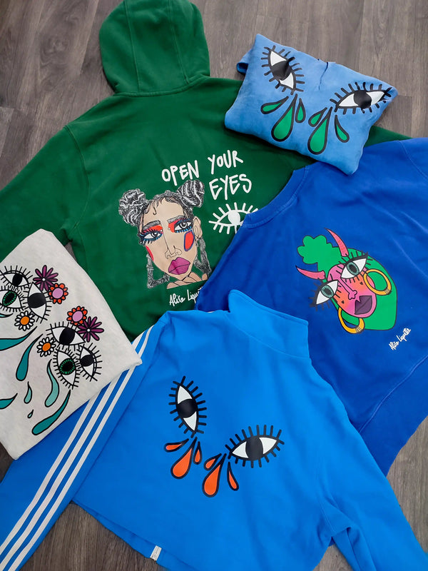 Sweats et hoodies de couleur, visages illustrés, DTF, Collection d'artiste, atelier Antistatik à Toulouse