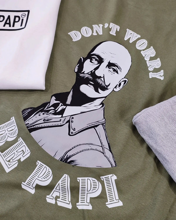 T-shirt kaki, portrait et texte, DTF, Papi, atelier Antistatik à Toulouse