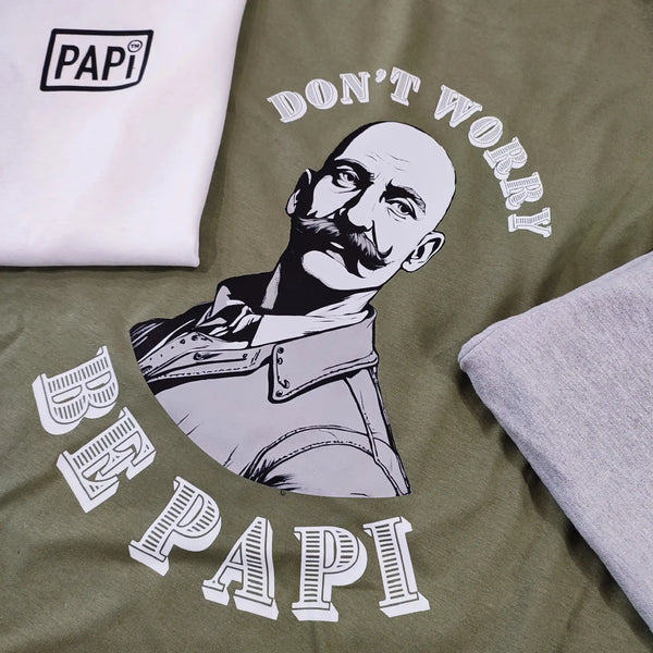 T-shirt kaki, portrait et texte, DTF, Papi, atelier Antistatik à Toulouse