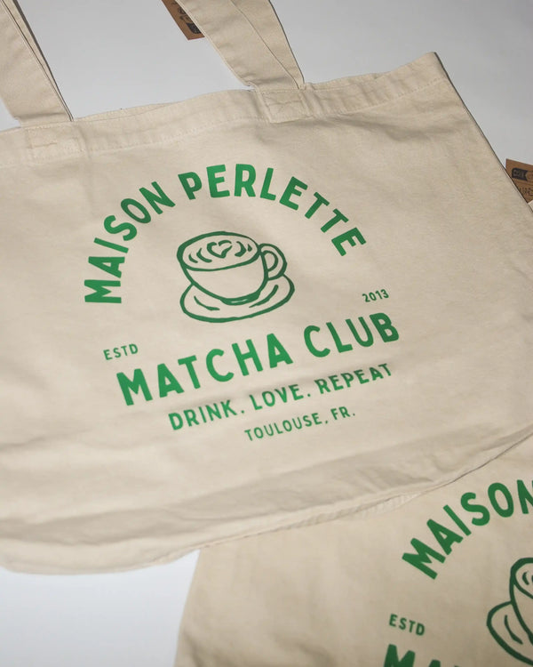 Tote bag écru, logo vert, DTF, Maison Perlette, atelier Antistatik à Toulouse