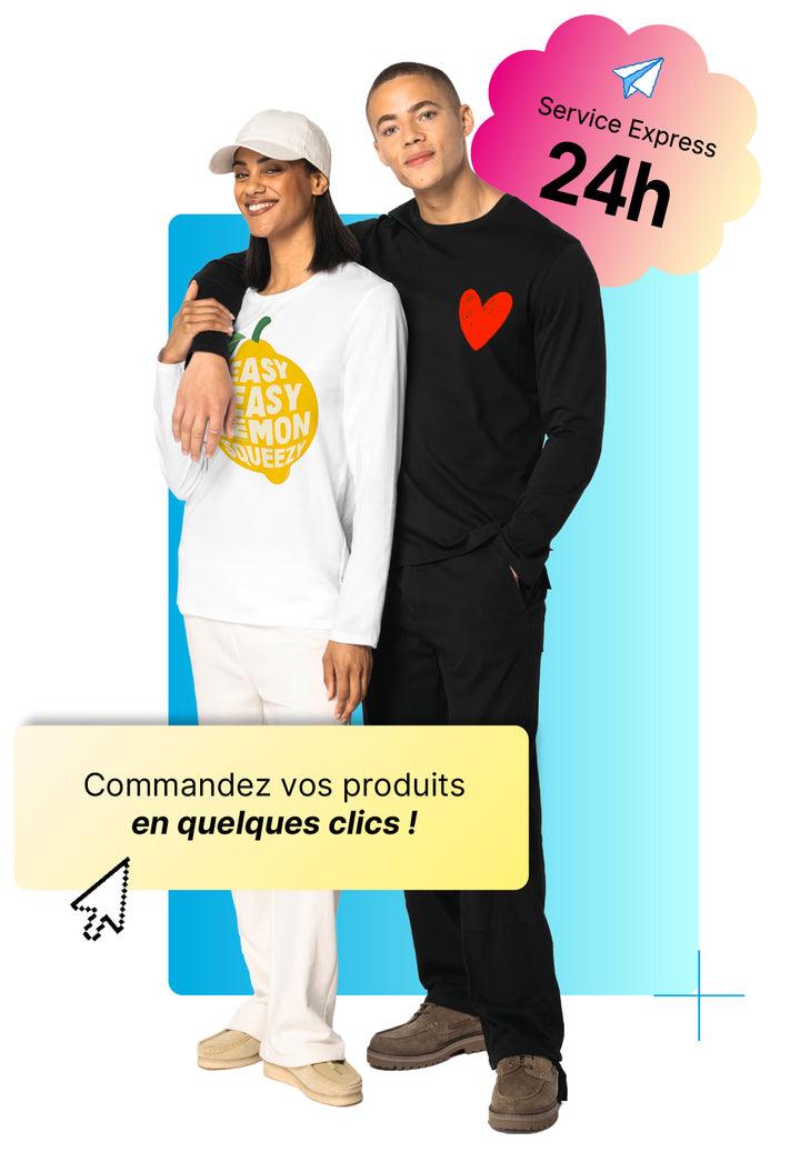 Deux personnes en hauts personnalisés, visuel du service Express 24 h
