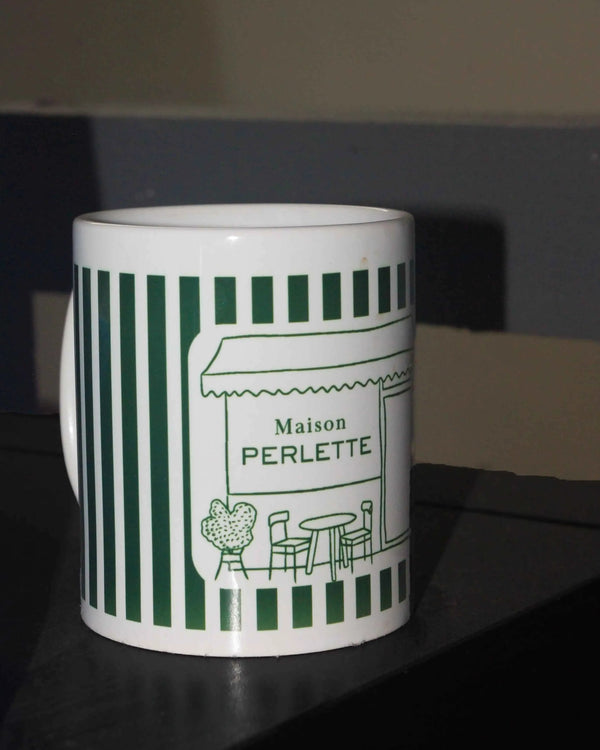 Mug blanc à rayures vertes, Sublimation, Maison Perlette, atelier Antistatik à Toulouse
