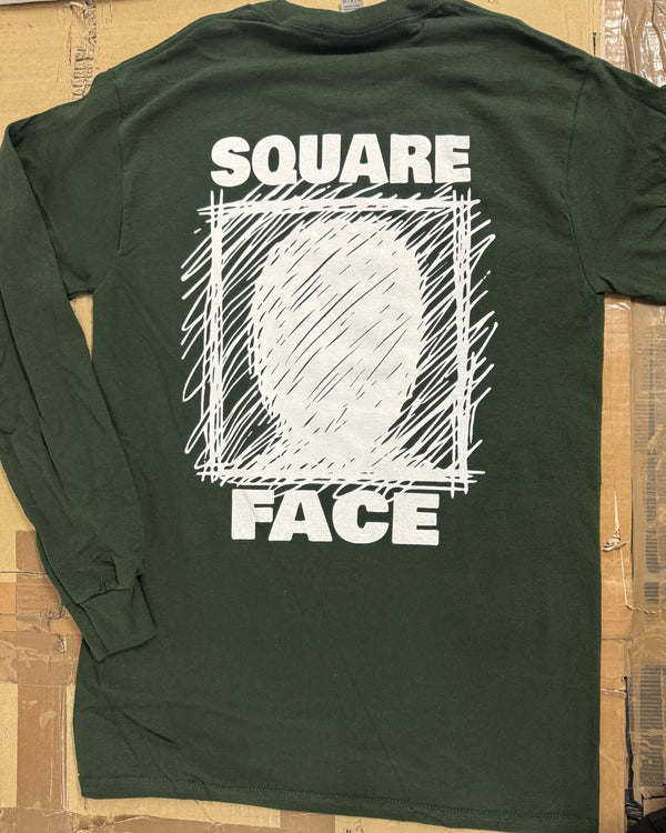 T-shirt manches longues vert, sérigraphie blanche au dos, Sérigraphie, Square Face, atelier Antistatik à Toulouse
